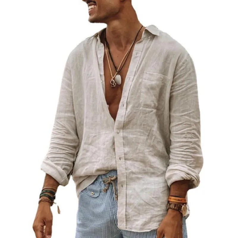 Men's Casual Thin Loose Breathable Lapel Long Sleeve Shirt 57173880M sold by Manly