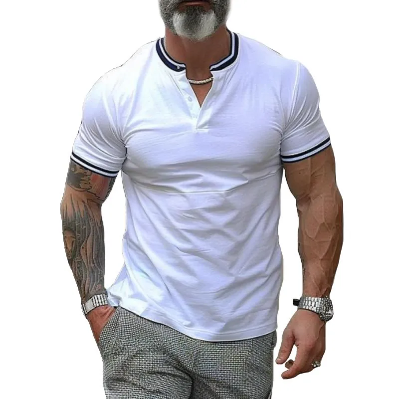 Men's Retro Spliced Web Henley Collar Short Sleeve T-Shirt 23161626TO sold by Manly