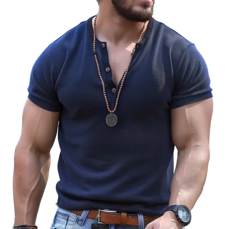 Men's Solid Henley Collar Short Sleeve Knit T-shirt 23805658Z sold by Manly