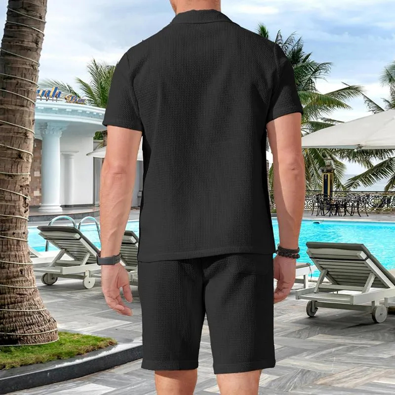 Men's Solid Color Waffle Short Sleeve Shirt And Shorts Set 68818636Y sold by Manly product image thumbnail 4