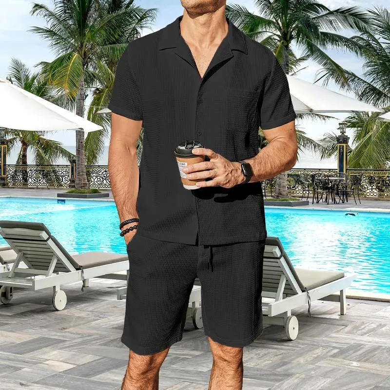 Men's Solid Color Waffle Short Sleeve Shirt And Shorts Set 68818636Y sold by Manly product image thumbnail 2