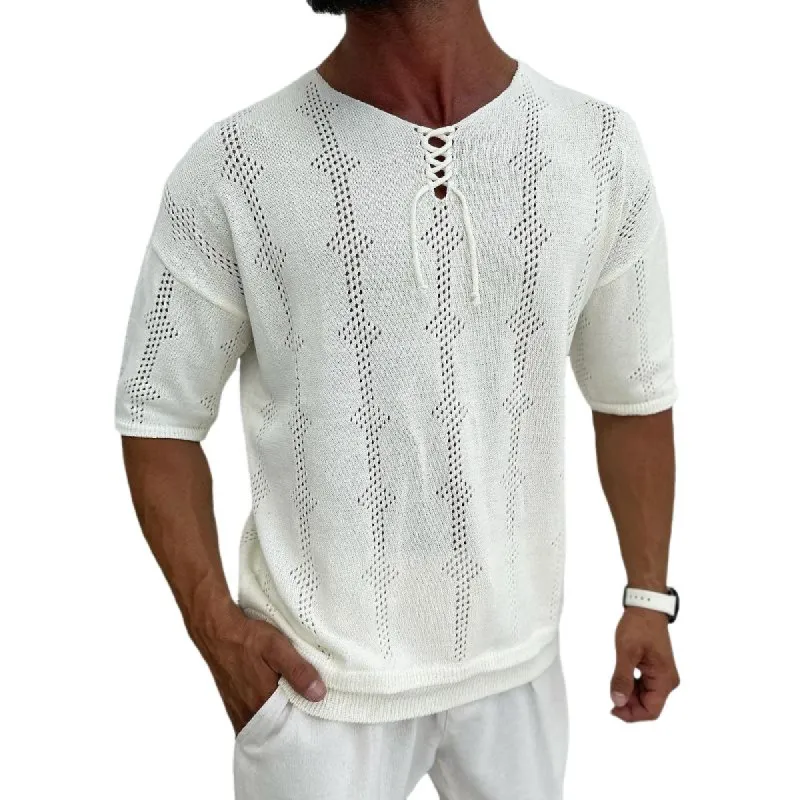 Men's Casual Thin Lace-up Round Neck Hollow Slim Short-sleeved Knitted Sweater 72902298M sold by Manly