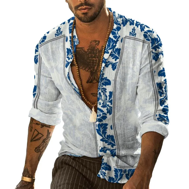 Men's Vintage Pattern Patchwork Stand Collar Long-sleeved Shirt 31130903TO sold by Manly