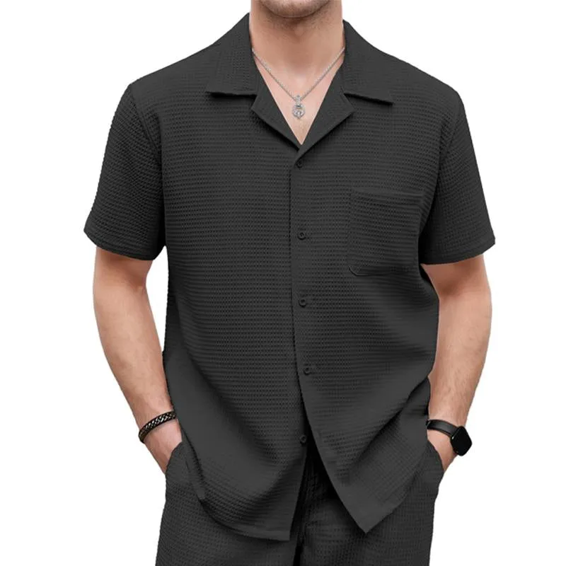 Men's Solid Color Waffle Short Sleeve Shirt And Shorts Set 68818636Y sold by Manly product image thumbnail 5
