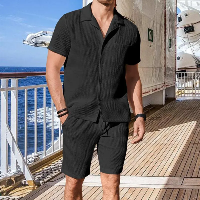 Men's Solid Color Waffle Short Sleeve Shirt And Shorts Set 68818636Y sold by Manly product image thumbnail 3