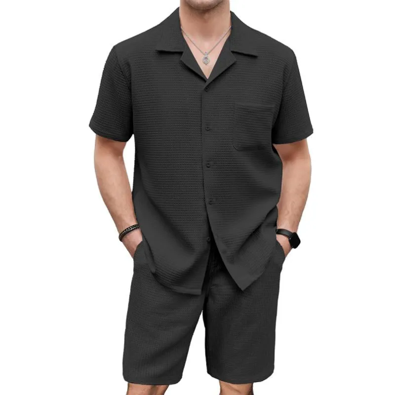 Men's Solid Color Waffle Short Sleeve Shirt And Shorts Set 68818636Y made by Manly