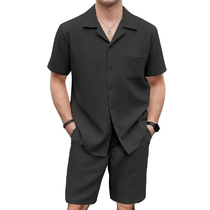 Men's Solid Color Waffle Short Sleeve Shirt And Shorts Set 68818636Y sold by Manly