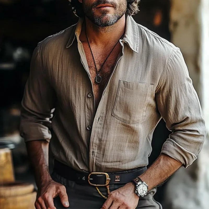 Men's Retro Casual Cotton and Linen Lapel Long Sleeve Shirt 78927512TO sold by Manly product image thumbnail 2