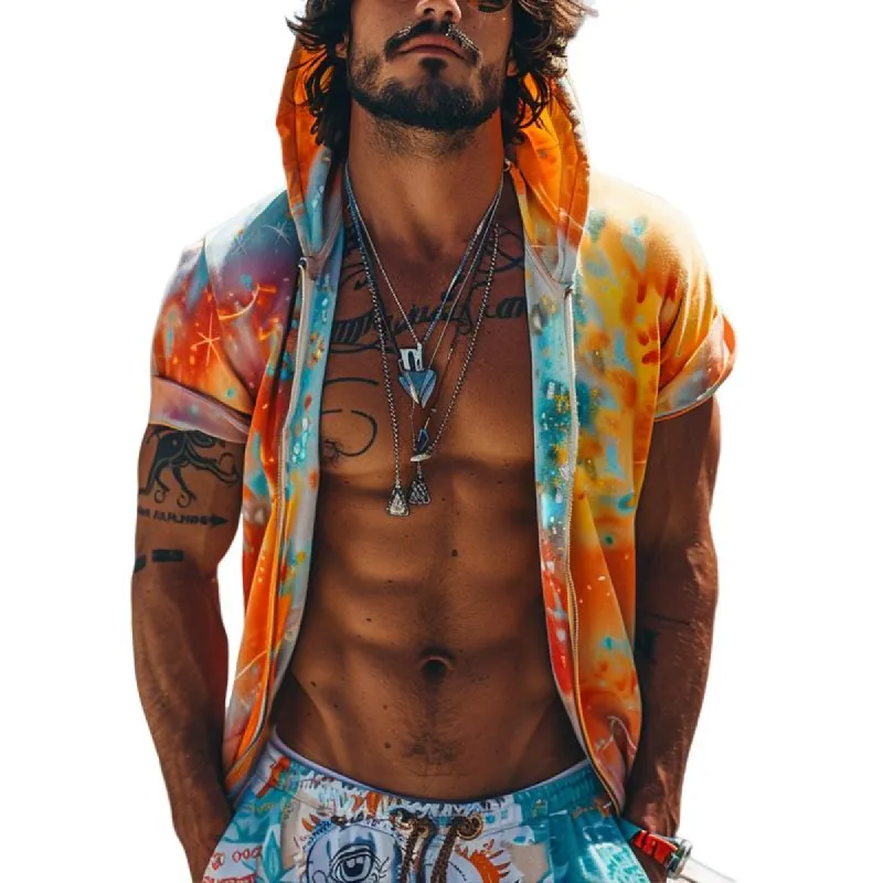 Men's Tie-dye Printed Hooded Short Sleeve Zip Hoodie 15548409Z sold by Manly