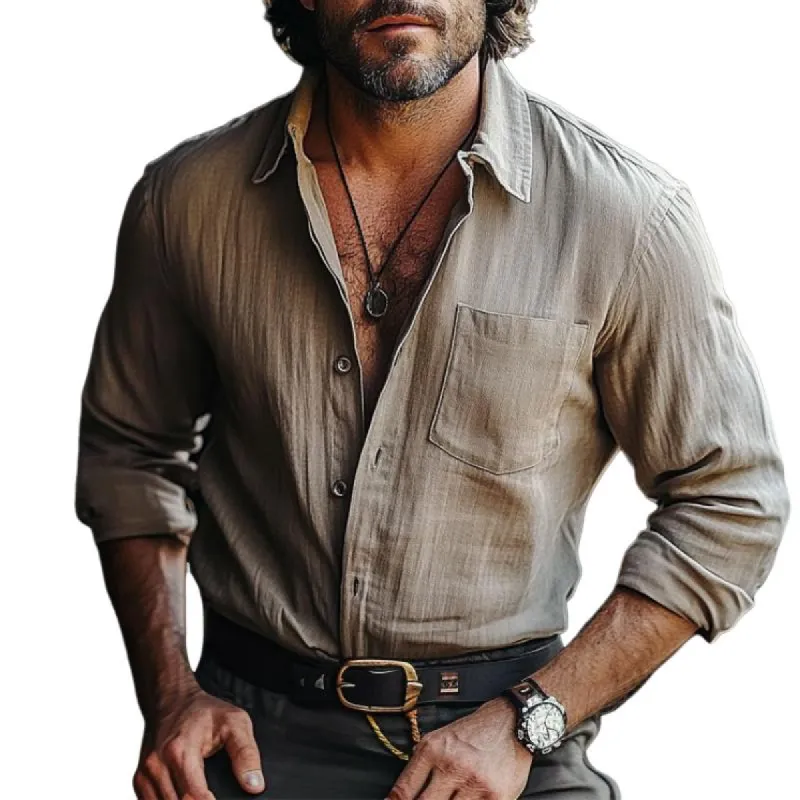 Men's Retro Casual Cotton and Linen Lapel Long Sleeve Shirt 78927512TO sold by Manly