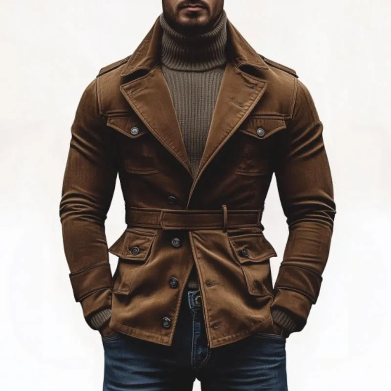 Men's Vintage Corduroy Notch Lapel Slim Fit Single Breasted Belt Trench Coat 73831378M sold by Manly product image thumbnail 2