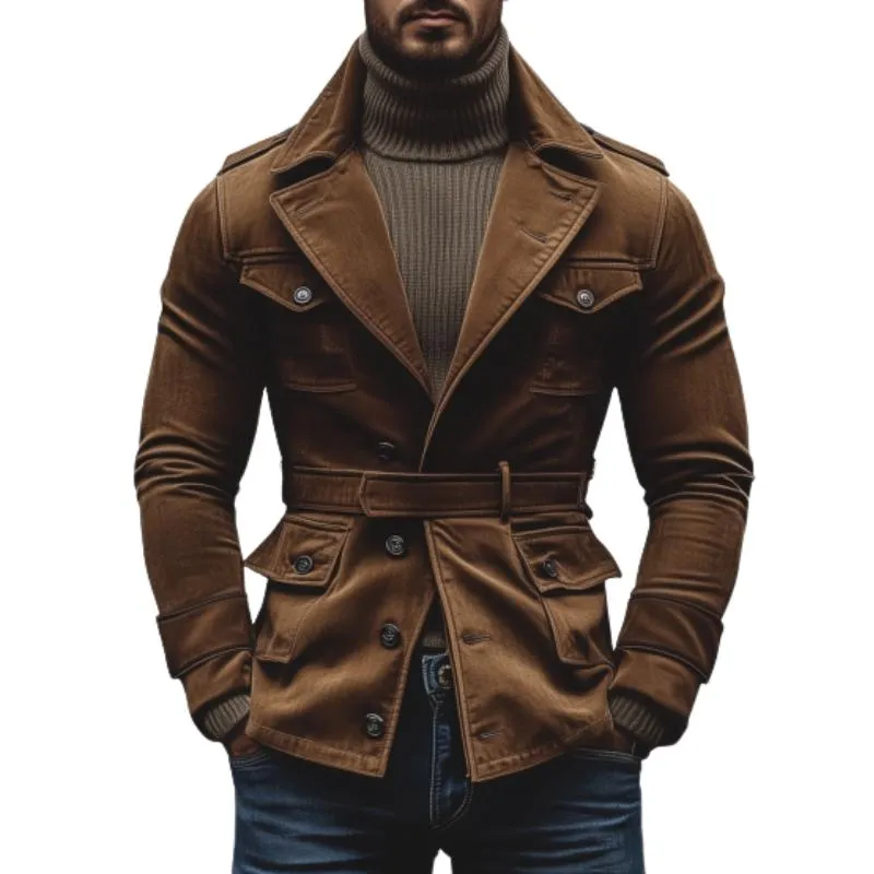 Men's Vintage Corduroy Notch Lapel Slim Fit Single Breasted Belt Trench Coat 73831378M sold by Manly
