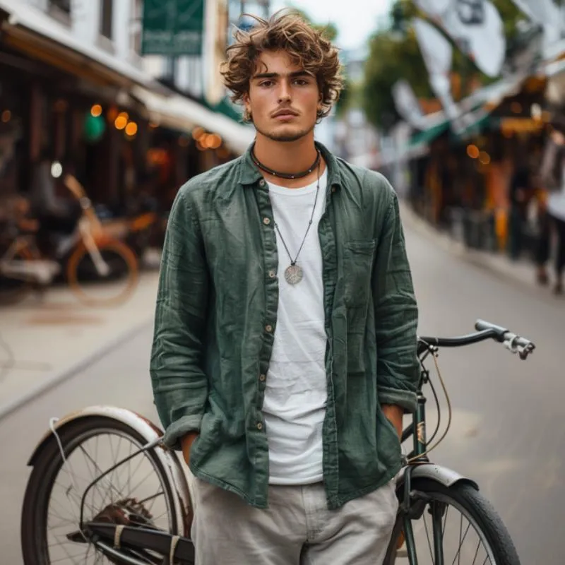 Men's Casual Cotton Linen Lapel Patch Pocket Loose Long Sleeve Shirt 01415333M sold by Manly product image thumbnail 3