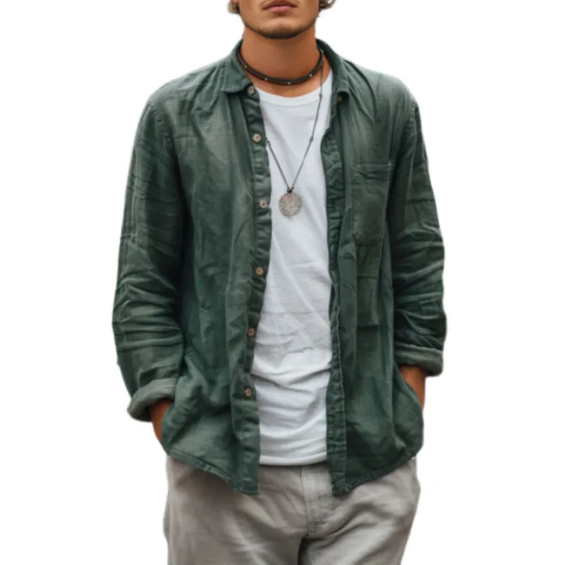 Men's Casual Cotton Linen Lapel Patch Pocket Loose Long Sleeve Shirt 01415333M sold by Manly