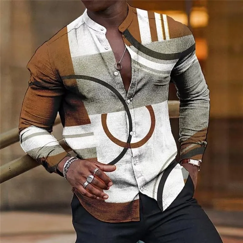 Men's Retro Casual Geometric Stand Collar Long Sleeve Shirt 22528534TO sold by Manly product image thumbnail 5