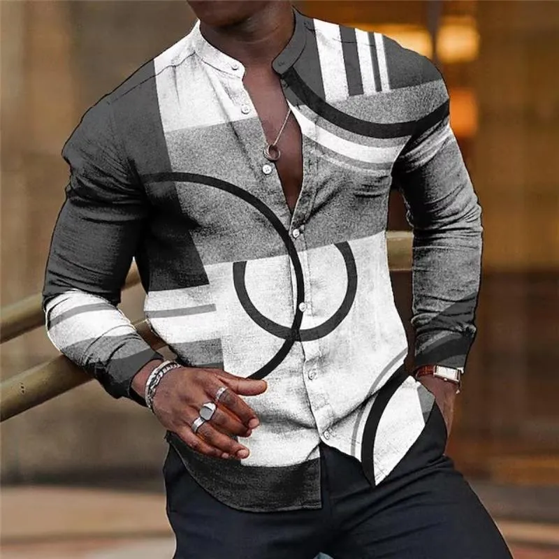 Men's Retro Casual Geometric Stand Collar Long Sleeve Shirt 22528534TO sold by Manly product image thumbnail 2
