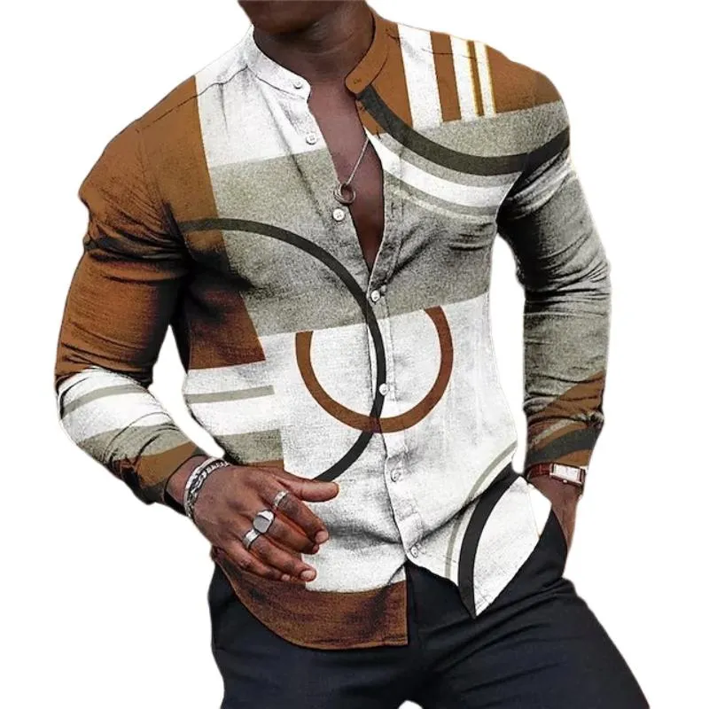 Men's Retro Casual Geometric Stand Collar Long Sleeve Shirt 22528534TO sold by Manly