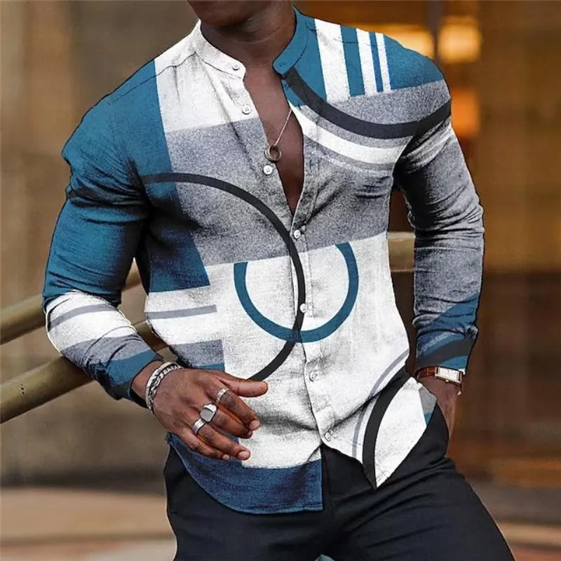 Men's Retro Casual Geometric Stand Collar Long Sleeve Shirt 22528534TO sold by Manly product image thumbnail 3