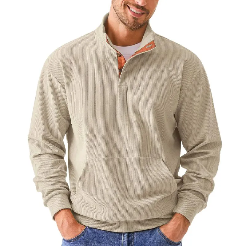 Men's Casual Corduroy Stand Collar Kangaroo Pocket Loose Long Sleeve Sweatshirt 74007115M sold by Manly