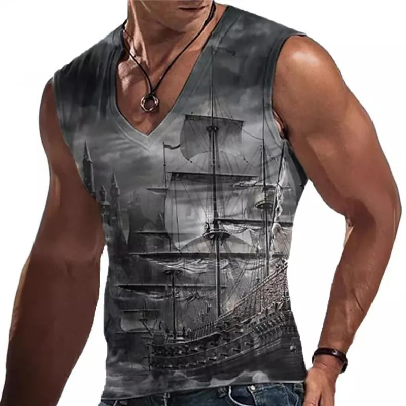 Men's Loose V-Neck Sailboat Print Tank Top 44385202X made by Manly