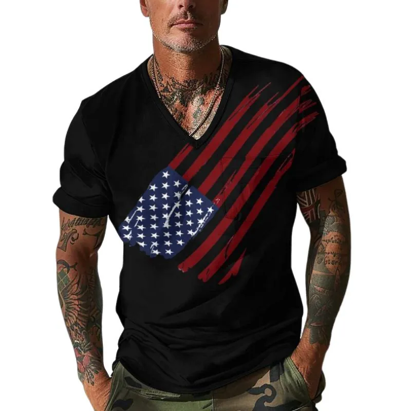Men's V-Neck Flag Print Short-Sleeved T-Shirt 24236533Y sold by Manly