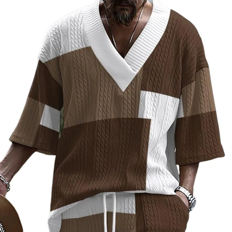 Men's Jacquard V-neck Loose Printed Short-sleeved T-shirt 86100637X sold by Manly