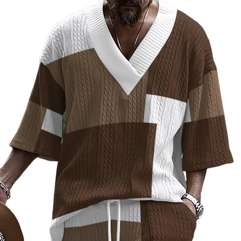 Men's Jacquard V-neck Loose Printed Short-sleeved T-shirt 86100637X sold by Manly