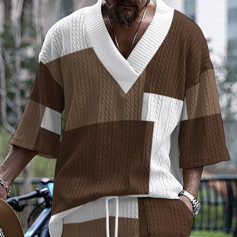 Men's Jacquard V-neck Loose Printed Short-sleeved T-shirt 86100637X sold by Manly product image thumbnail 3