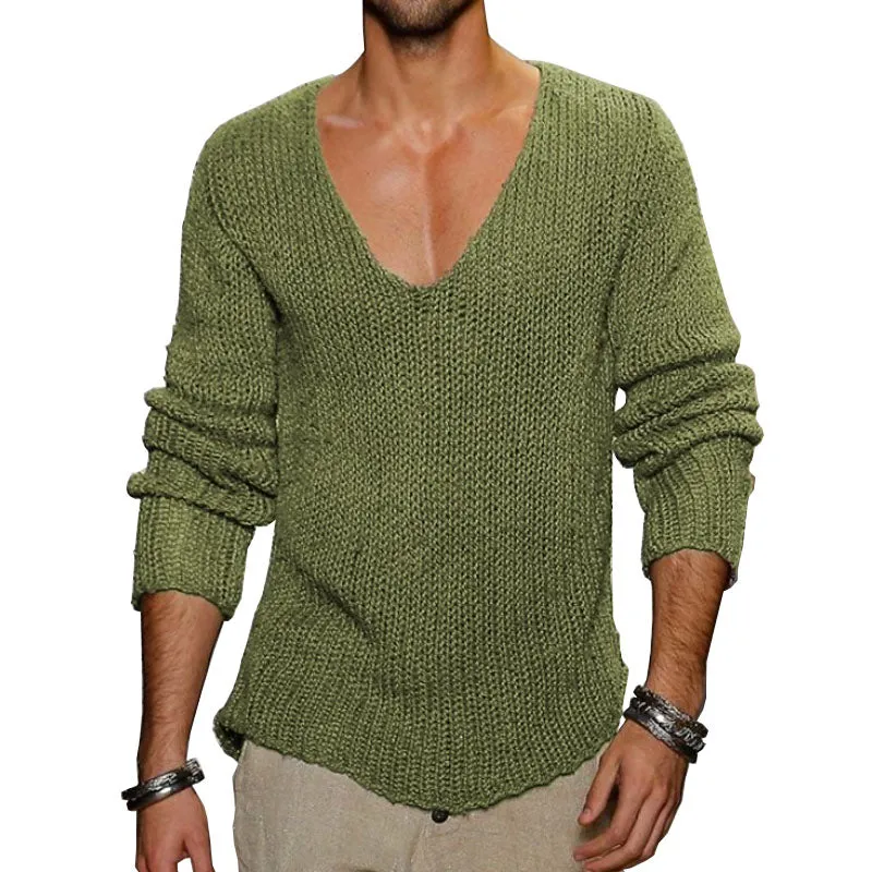Men's Casual Solid Color V-Neck Loose Knit Pullover Sweater 18392900M sold by Manly