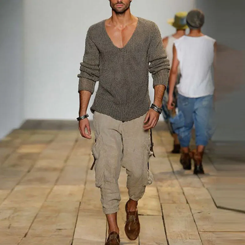 Men's Casual Solid Color V-Neck Loose Knit Pullover Sweater 18392900M sold by Manly product image thumbnail 3