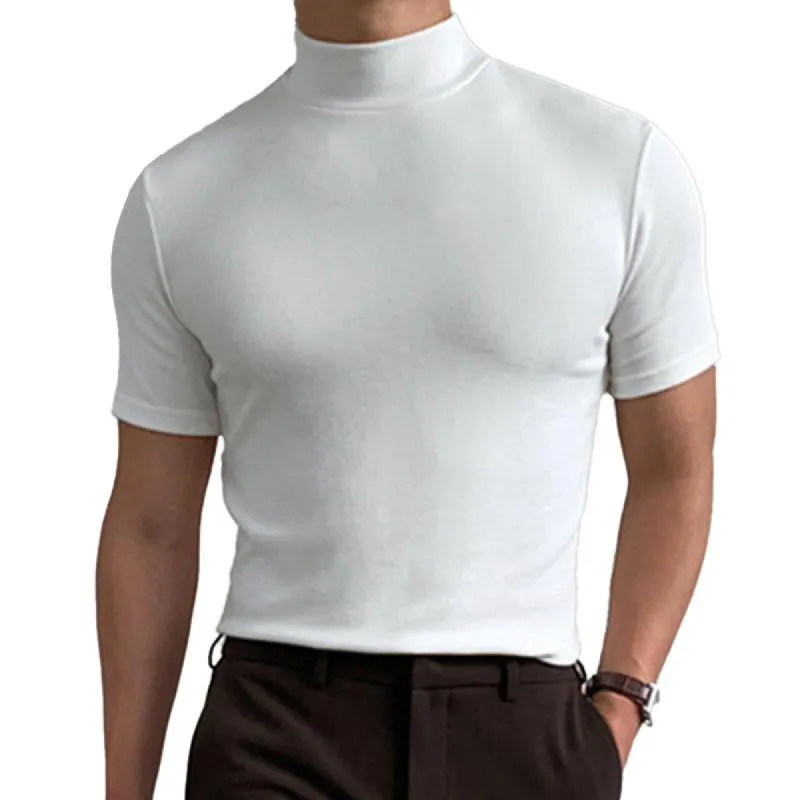 Men's Casual High Collar Solid Color Slim Short Sleeve T-Shirt 20585766M sold by Manly