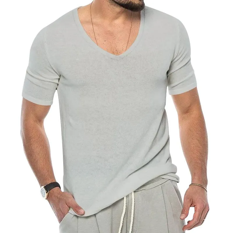 Men's Casual V-Neck Solid Color Short-Sleeve Slim Fit T-Shirt 07376666M sold by Manly