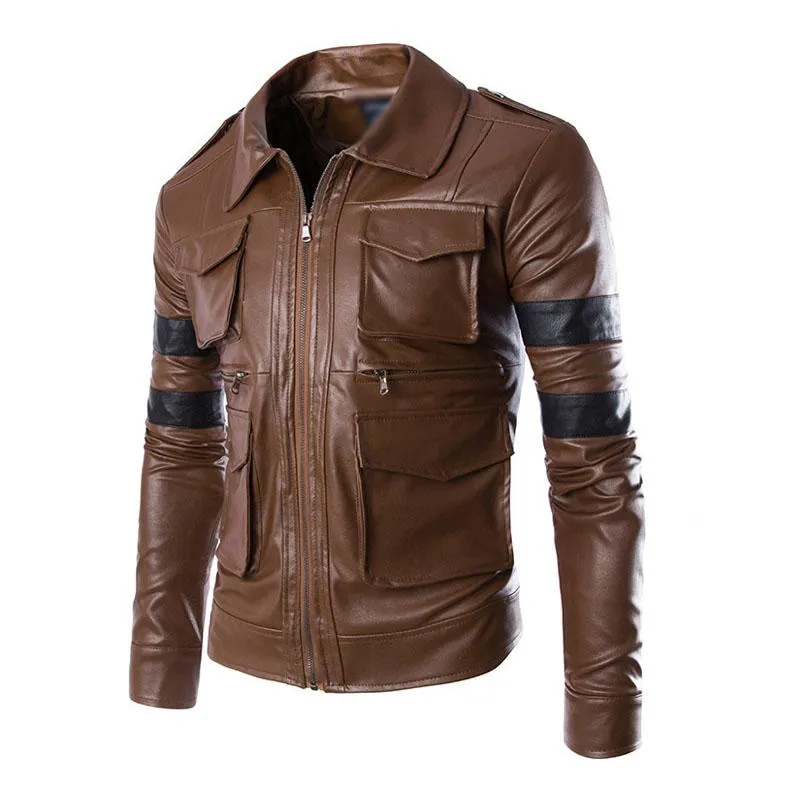 Men's Vintage Contrast Patchwork Lapel Multi-pocket Leather Jacket 16755981M sold by Manly product image thumbnail 3