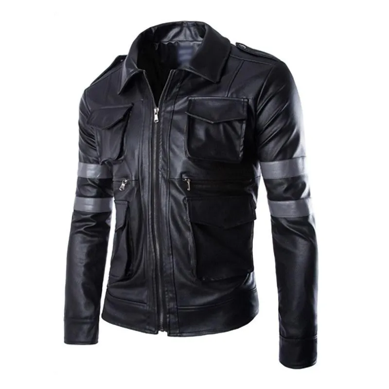 Men's Vintage Contrast Patchwork Lapel Multi-pocket Leather Jacket 16755981M sold by Manly