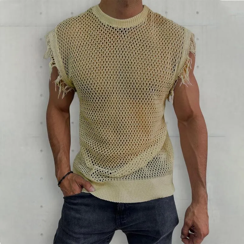 Men's Casual Solid Color Knitted Round Neck Sleeveless Hollow Tank Top 40348544Y sold by Manly product image thumbnail 5