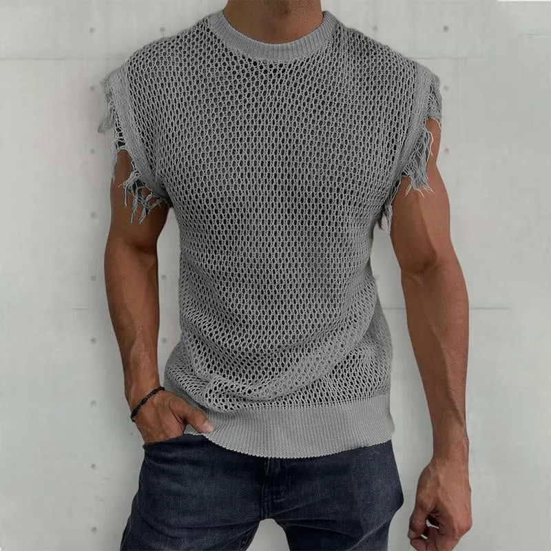 Men's Casual Solid Color Knitted Round Neck Sleeveless Hollow Tank Top 40348544Y sold by Manly product image thumbnail 3