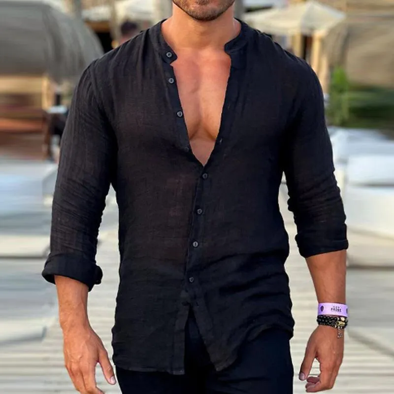 Men's Loose Casual Stand Collar Solid Color Long Sleeve Shirt 50999835Y sold by Manly product image thumbnail 2