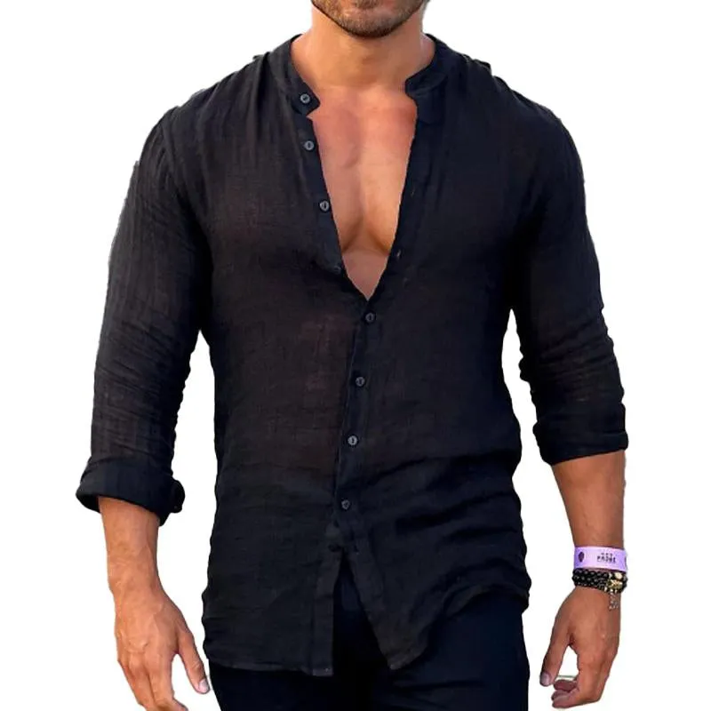 Men's Loose Casual Stand Collar Solid Color Long Sleeve Shirt 50999835Y sold by Manly