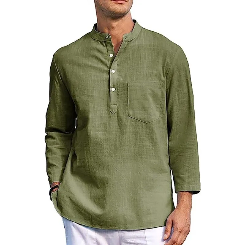 Men's Solid Color Linen Henley Collar Long Sleeve Shirt 78635906X sold by Manly