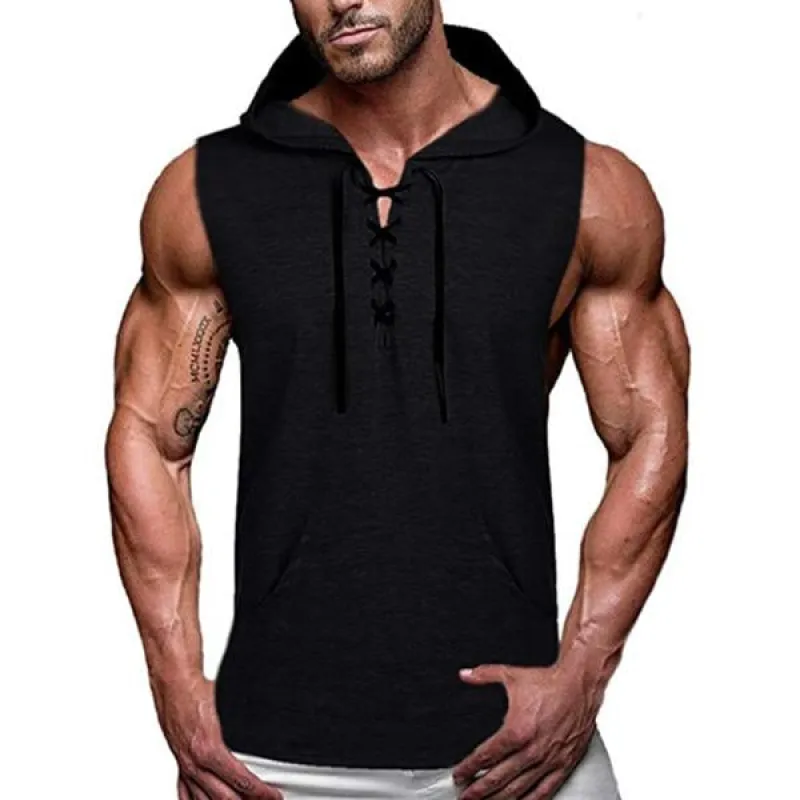 Men's Casual Hooded Solid Color Lace-Up Tank Top 44630439M sold by Manly
