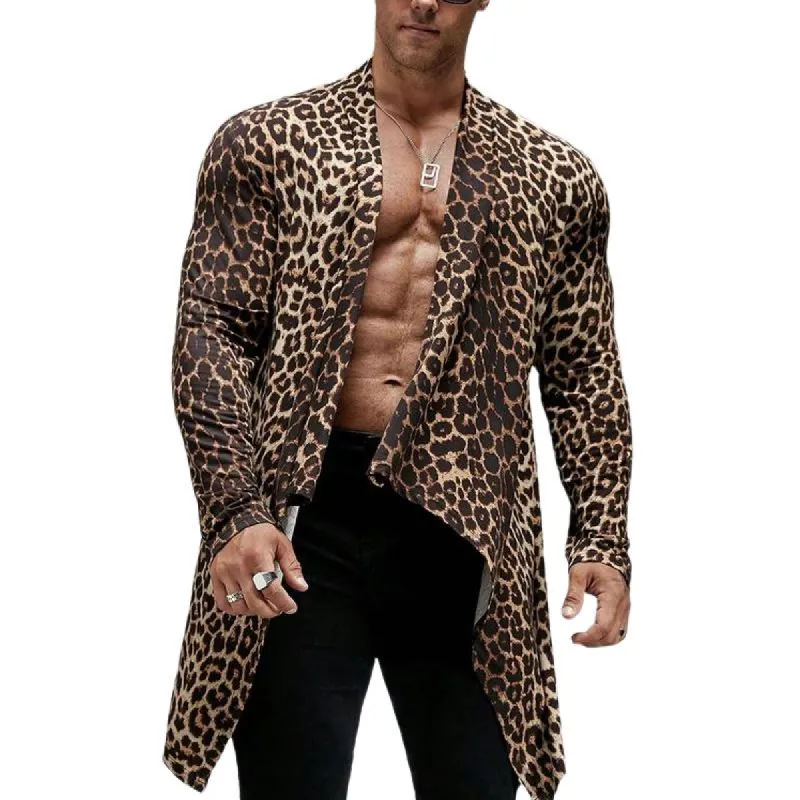 Men's Fashion Leopard Print Collarless Irregular Hem Cardigan 20266202M sold by Manly