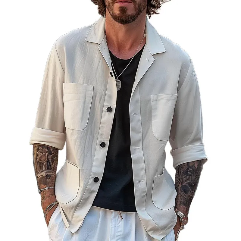 Men's Solid Color Lapel Multi-pocket Long Sleeve Shirt Jacket 21661425Z sold by Manly