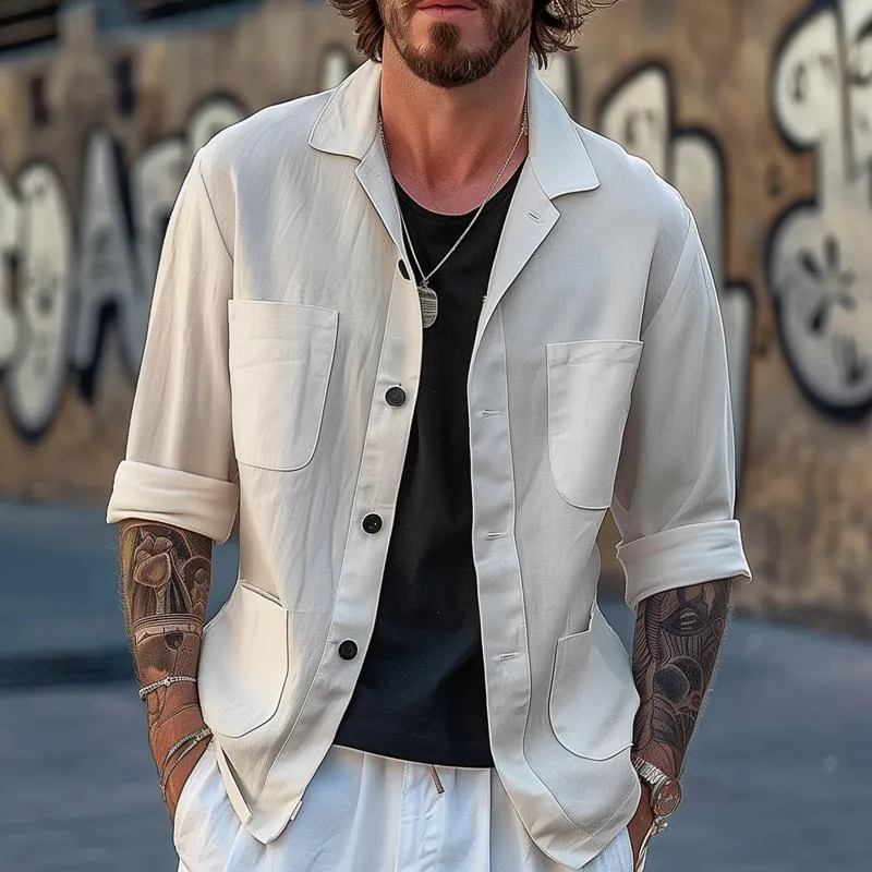 Men's Solid Color Lapel Multi-pocket Long Sleeve Shirt Jacket 21661425Z sold by Manly product image thumbnail 2