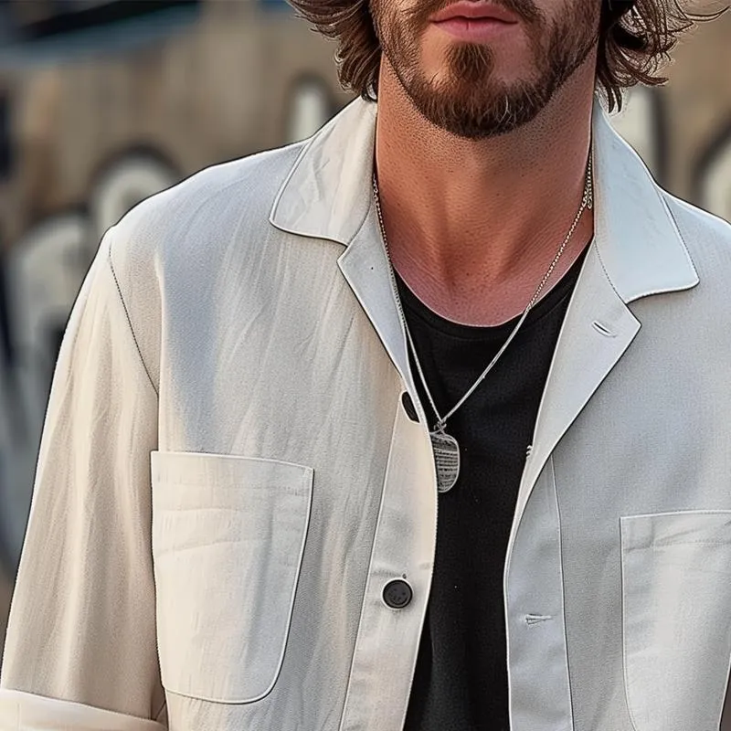 Men's Solid Color Lapel Multi-pocket Long Sleeve Shirt Jacket 21661425Z sold by Manly product image thumbnail 3