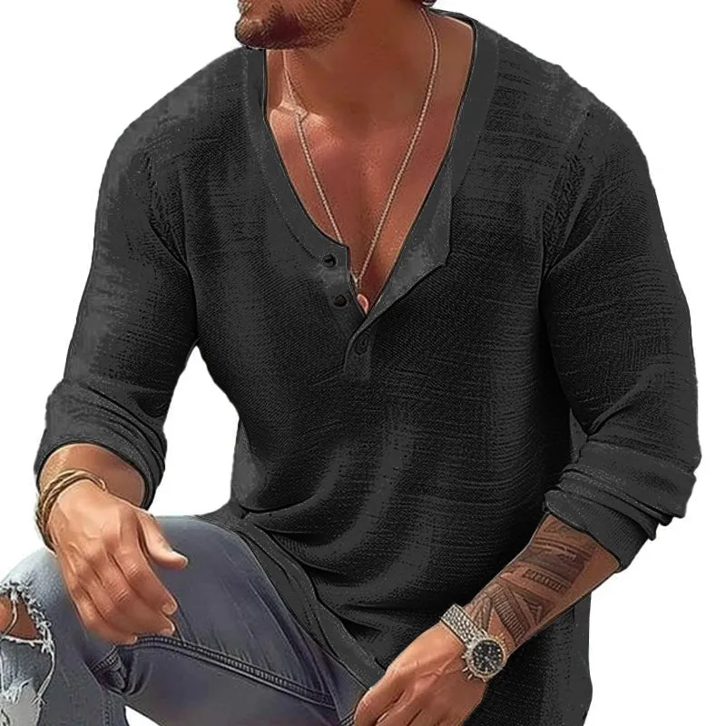 Men's Casual Breathable Cotton Linen U Neck Long-Sleeved T-Shirt 92358906M sold by Manly product image thumbnail 3