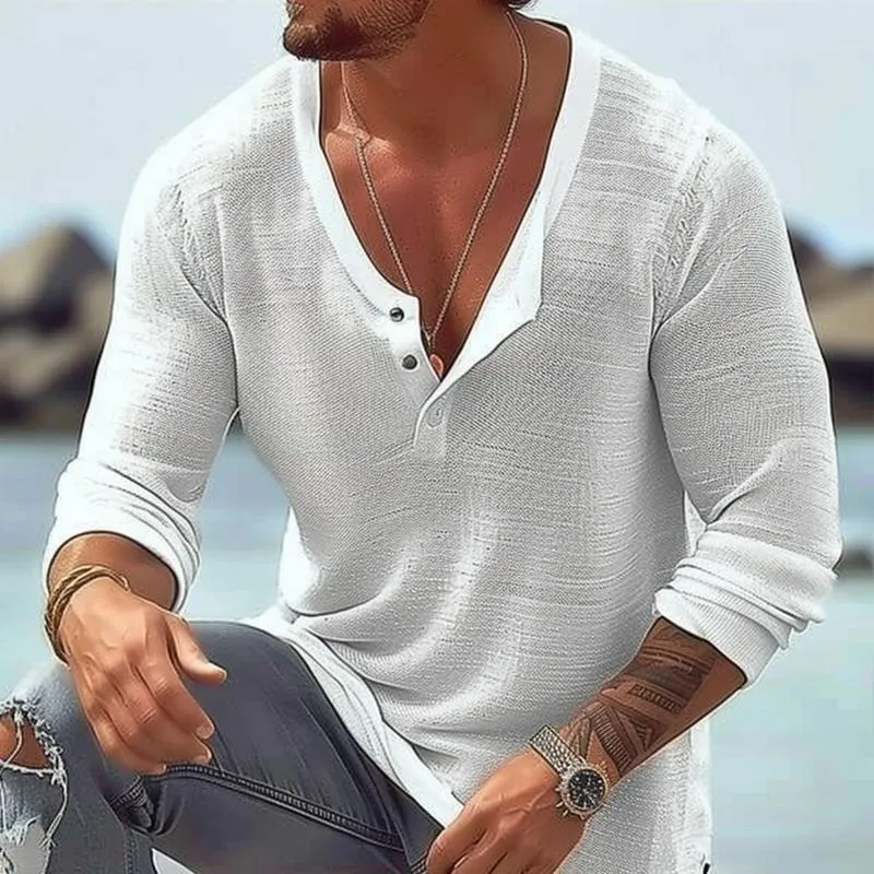 Men's Casual Breathable Cotton Linen U Neck Long-Sleeved T-Shirt 92358906M sold by Manly product image thumbnail 2