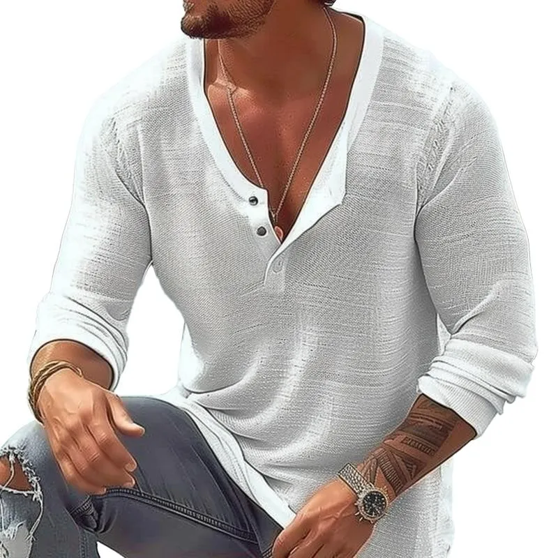 Men's Casual Breathable Cotton Linen U Neck Long-Sleeved T-Shirt 92358906M sold by Manly