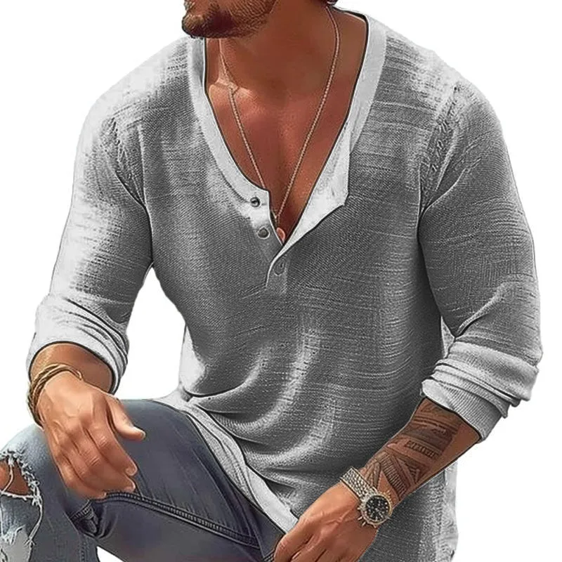 Men's Casual Breathable Cotton Linen U Neck Long-Sleeved T-Shirt 92358906M sold by Manly product image thumbnail 4