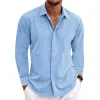 【24-hour shipping out】Men's Casual Solid Color Cotton Linen Lapel Slim Fit Long Sleeve Shirt 01703150M sold by Manly
