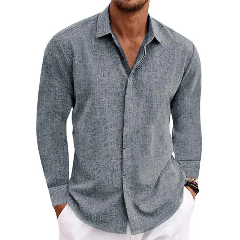 【24-hour shipping out】Men's Casual Solid Color Cotton Linen Lapel Slim Fit Long Sleeve Shirt 01703150M sold by Manly